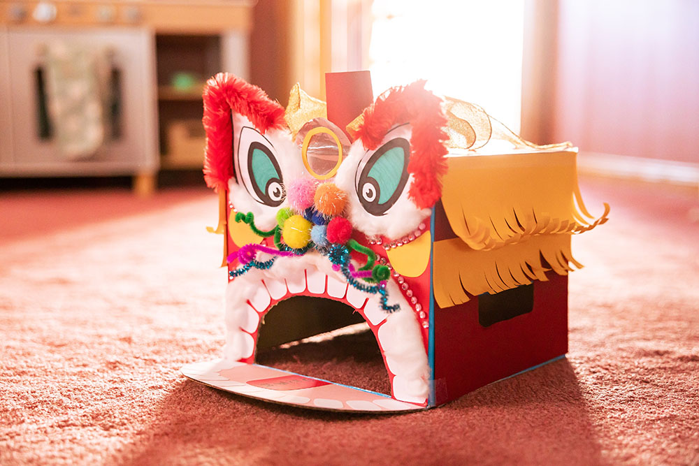 DIY Chinese New Year Lion Dance head made out of cardboard box